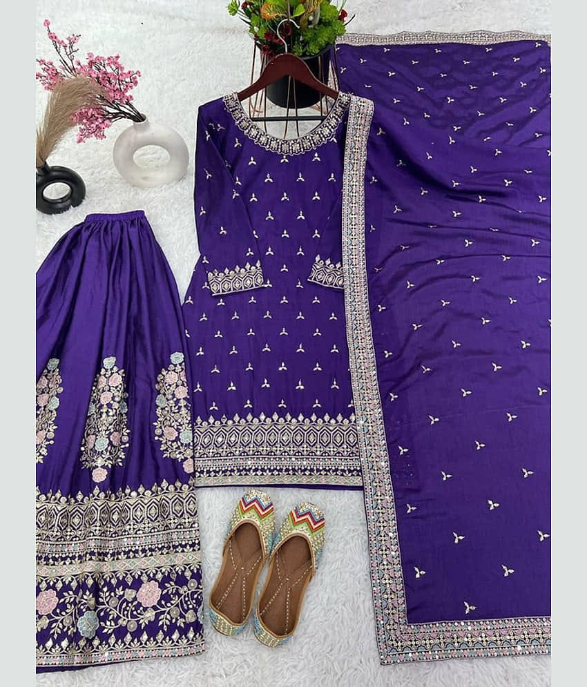 YASHASVI ENTERPRISE Chiffon Embroidered Kurti With Sharara And Gharara Women's Stitched Salwar Suit - Purple ( Pack of 1 )