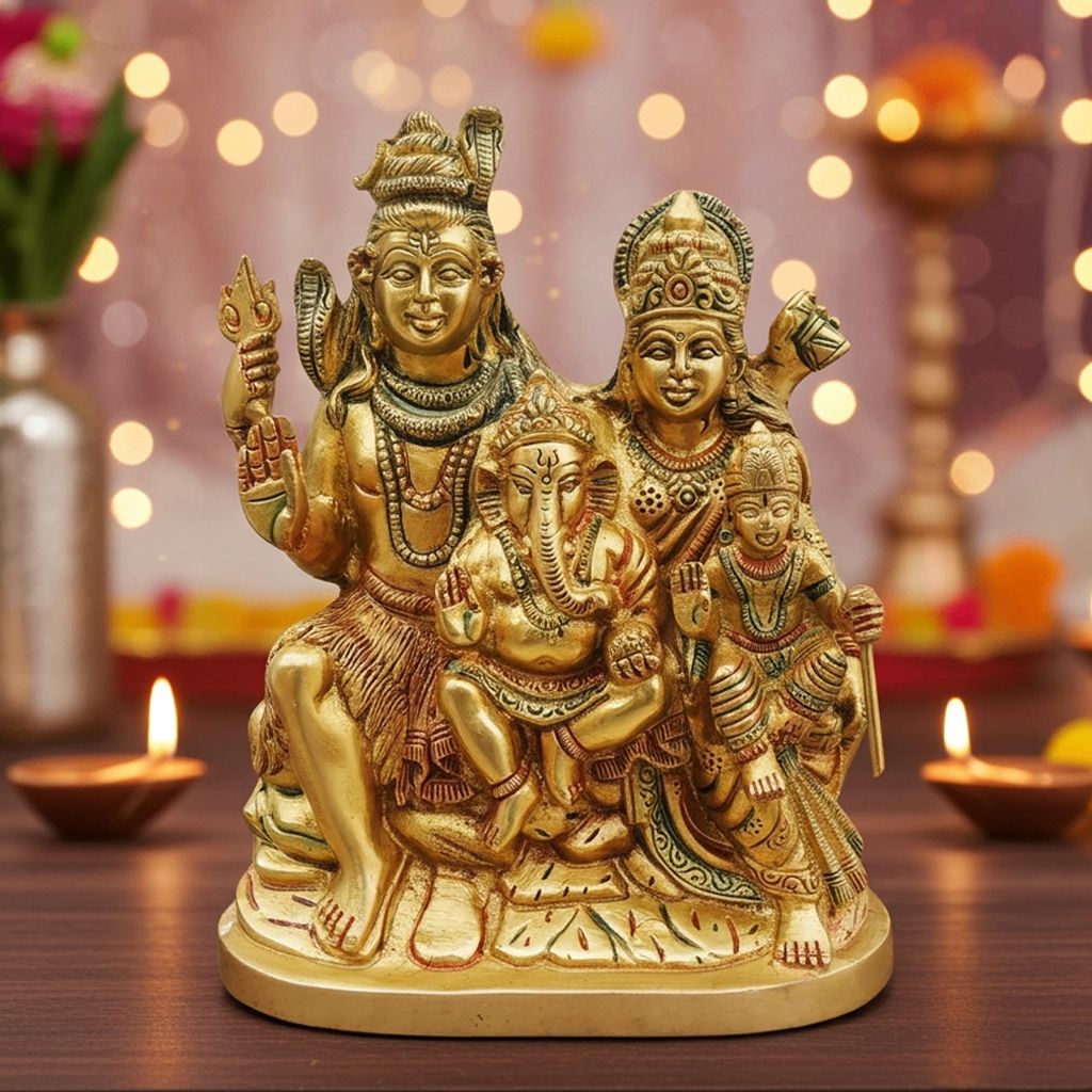 Brass Shiv Parivar Colour Statue - Premium Home Temple Decor, Height : 8.5 Inch (BSMAS493 B)