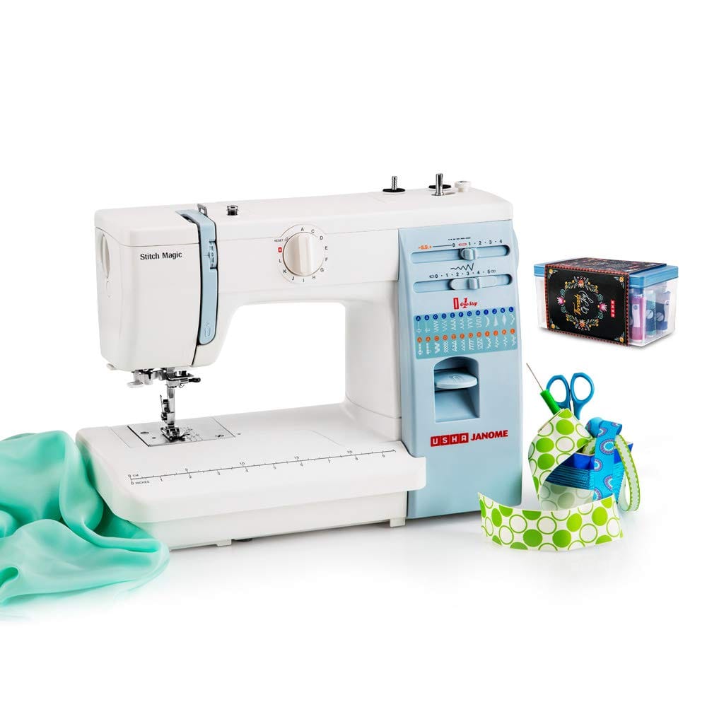 Usha Janome Automatic Stitch Magic Sewing Machine (White and Blue) with Free Sewing KIT Worth RS 500 Usha Janome Automatic Stitch Magic Sewing Machine (White and Blue) with Free Sewing KIT Worth RS 500 - White