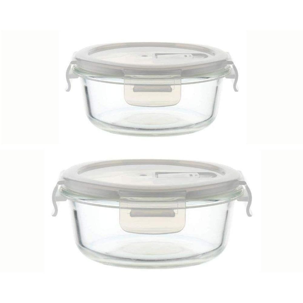 Femora Borosilicate Round Glass Food Storage Container with Air Vent Lid(Transparent) - 380 ML & 580 ML-Set of 2
