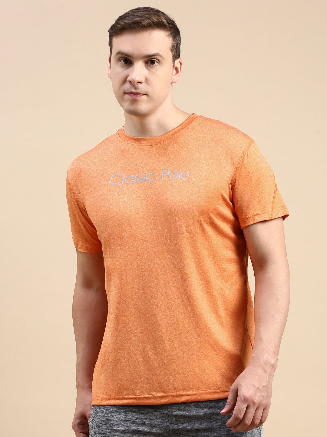 Classic Polo Men's Round Neck Polyster Orange Slim Fit Active Wear T-Shirt