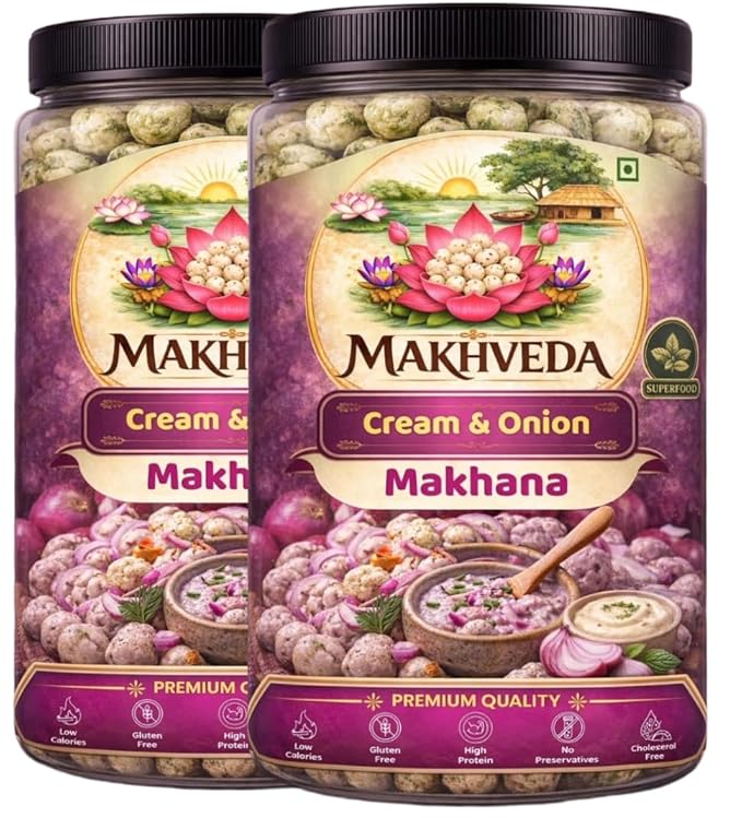 MAKHVEDA -  Superfood Cream & Onion Makhana | Roasted Fox Nuts | Crunchy & Creamy Flavour | Healthy Snack | Low Calorie, High Protein, Gluten Free | Premium Lotus Seeds