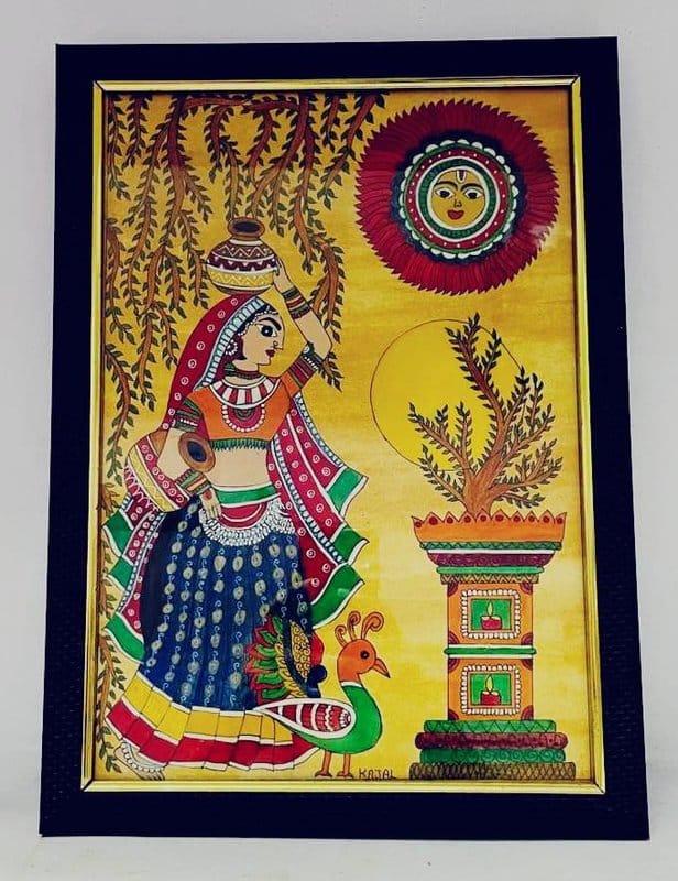 Kajal Creation Handmade Madhubani Painting (Framed) | Traditional Indian Woman & Peacock Wall Art for Home Decor