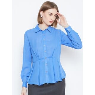 Purys Women Blue Polyester Solid Casual Shirt