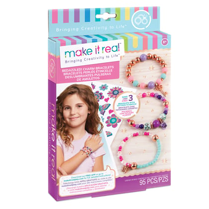 Make It Real Metal Bedazzled! Create 3 Unique Charm Bracelets Kit|Blooming Creativity|104 PcsIncludes Play Tray|All-in-1 DIY Beaded Jewelry Kit|Tweens&Girls|Arts&Crafts,Ages 8+|MadeInIndia,Multicolor
