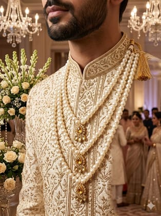 three-layer white moti pearl necklace with golden stone pendants