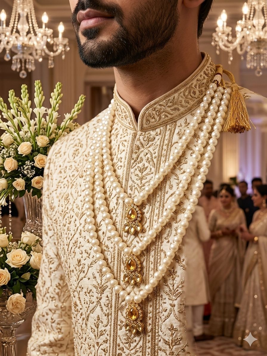 three-layer white moti pearl necklace with golden stone pendants