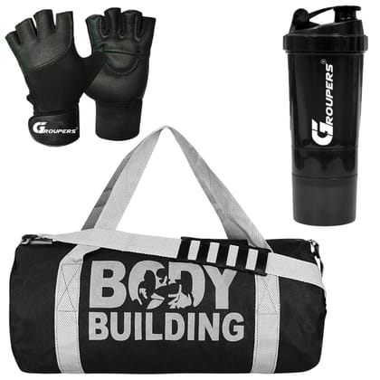 GROUPERS Duffle Canvas Bag with Shaker Bottle-500ml & GloveslSports & Travel BaglSports Kitl (Black) GROUPERS Duffle Canvas Bag with Shaker Bottle-500ml & GloveslSports & Travel BaglSports Kitl (Black)