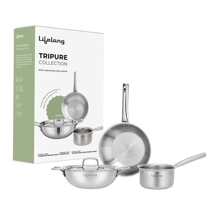 Lifelong Triply 4-piece cookware set |Kadai, Frypan & Saucepan for Cooking |Stainless Steel 22 cm Kadai & Fry Pan22 cm with Stainless Steel Lid | 14 cm Sauce Pan |Induction Bottom & Gas Stove Cookware Lifelong Triply 4-piece cookware set |Kadai, Frypan &