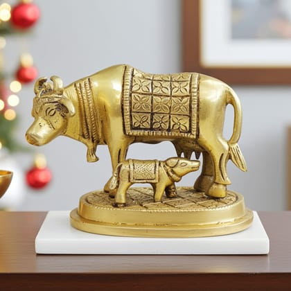 Brass Cow & Calf Statue for Vastu, Wealth & Positivity, Height : 3 Inch (BSMAS889 W)