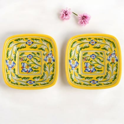 Set of 2 Floral Pattern Blue Pottery BowlsYellow6