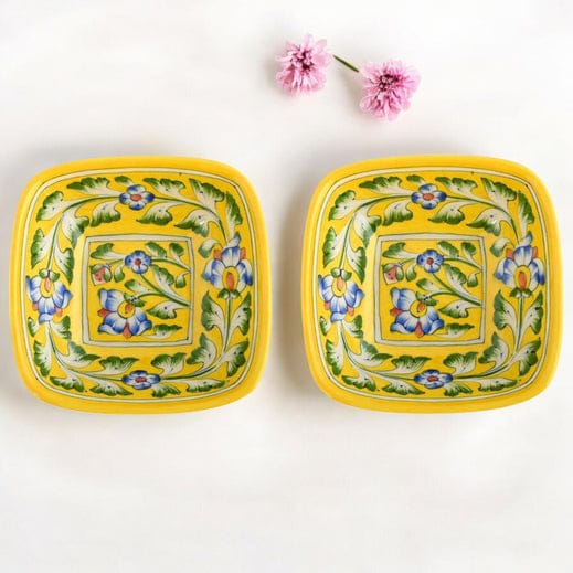 Set of 2 Floral Pattern Blue Pottery BowlsYellow6