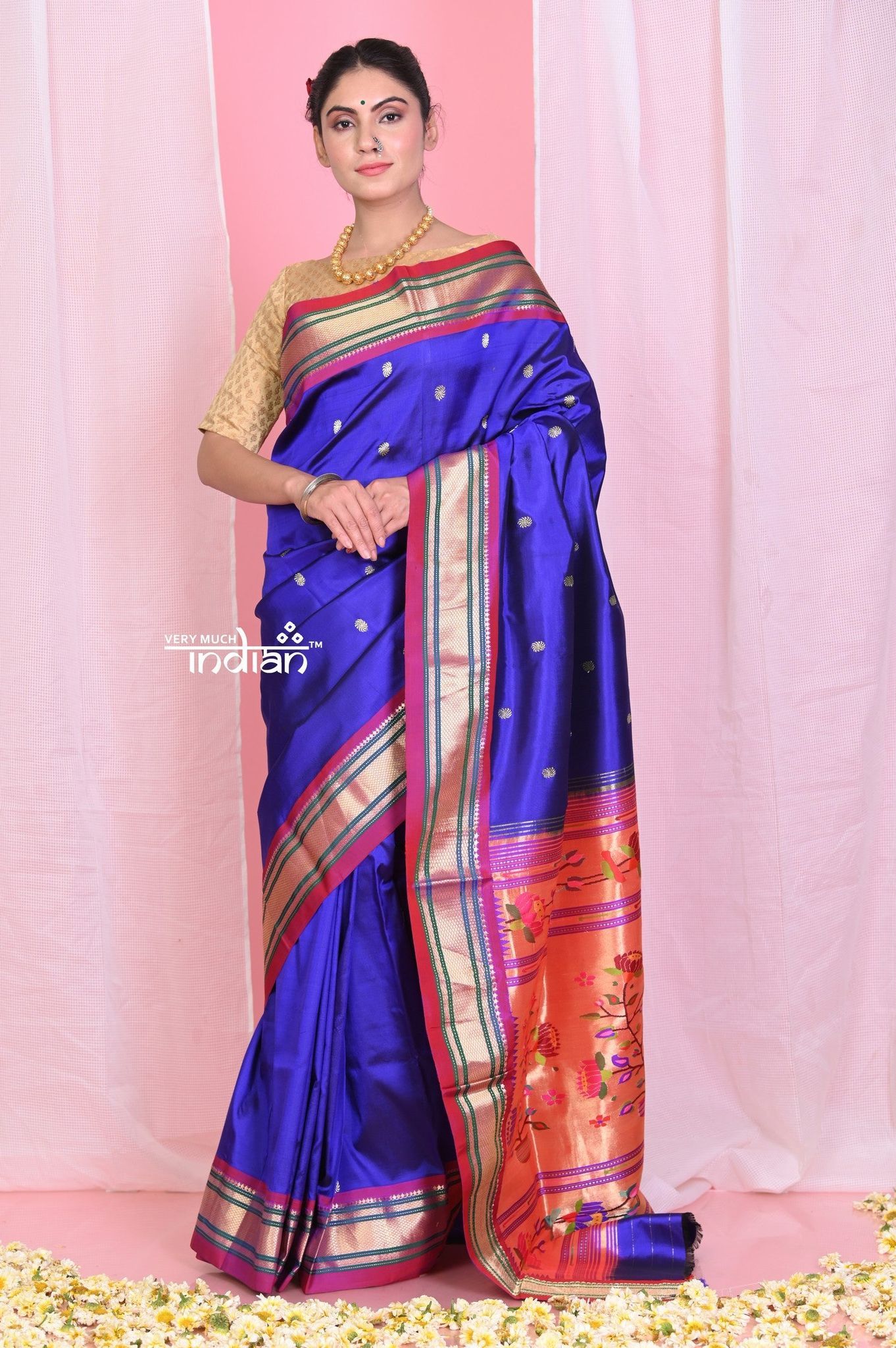 Pehal~EXCLUSIVE! Royal Blue Pure Silk Paithani with Pink Border & Exclusive Lotus Pallu