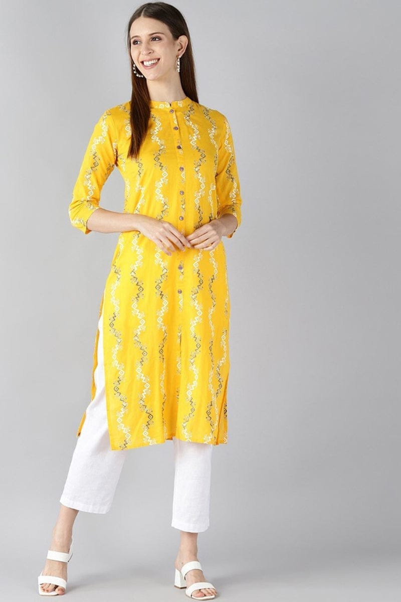 Women Cotton Fabric Trendy Festive Wear Yellow Printed Kurti VCK1334