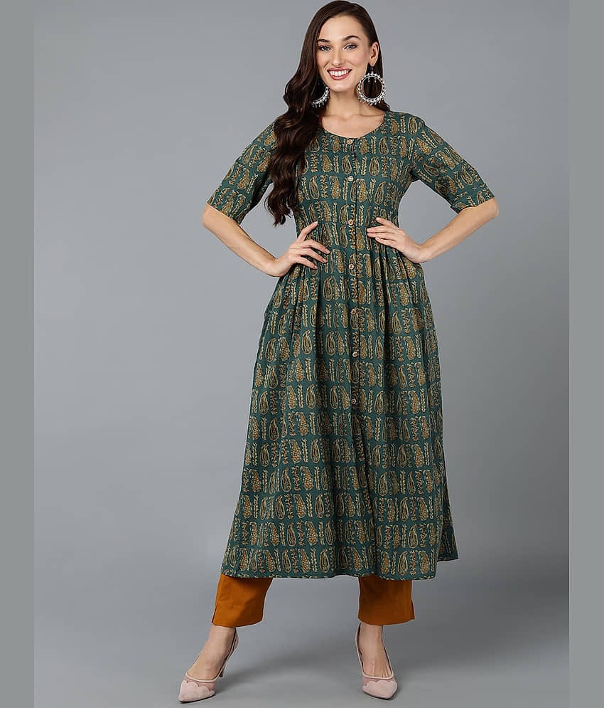 Vaamsi Cotton Printed A-line Women's Kurti - Teal ( Pack of 1 )