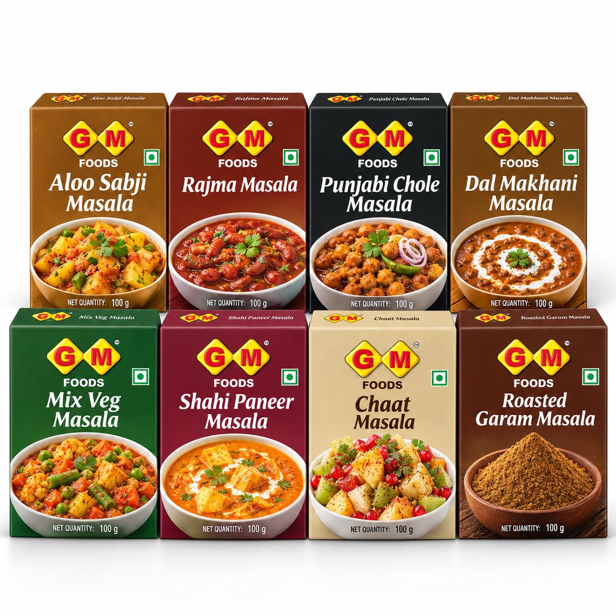 GM Foods Monthly Masala Essentials Combo Pack of 8 | Aloo Sabji, Rajma, Punjabi Chole, Dal Makhani, Mix Veg, Shahi Paneer, Chaat & Roasted Garam Masala | 100g Each, Total 800g | Authentic Indian Spice Blends for Everyday Cooking