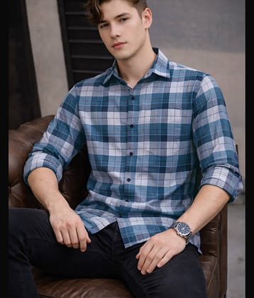 Eyebogler Cotton Blend Regular Fit Checks Full Sleeves Men's Casual Shirt - Sea Green ( Pack of 1 )