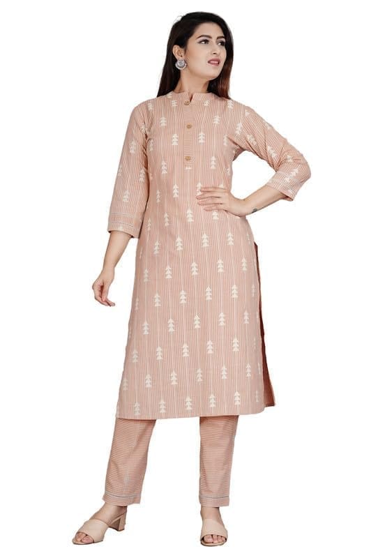 Women's Casual 3/4 Sleeve Printed Rayon Kurti With Pant Set (Beige, 2XL)-PID47172