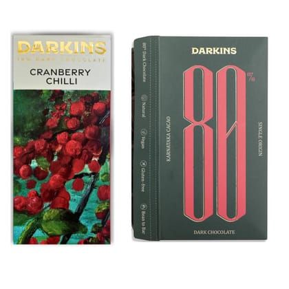 Darkins Dark Chocolates | 70% Dark Chocolate With Cranberry & Chilli | 80% Dark Chocolate Single Origin | Vegan | Natural | Bean To Bar | Cacao Beans | Unrefined Cane Sugar | Pack Of 2 Darkins Dark Chocolates | 70% Dark Chocolate With Cranberry & Chilli | 80% Dark Chocolate Single Origin | Vegan | Natural | Bean To Bar | Cacao Beans | Unrefined Cane Sugar | Pack Of 2