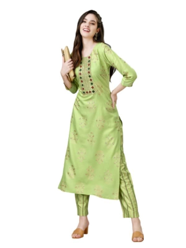 Women's Casual 3-4 th Sleeve Embroidery Rayon Kurti Pant Set (Light Green, L)-PID50256