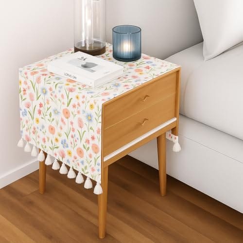 WWW.THROWPILLOW.IN Spring Floral Tassel Bedside Table Runner 13x26 Inches | Fits 1.5 Feet Long Nightstand, Bed