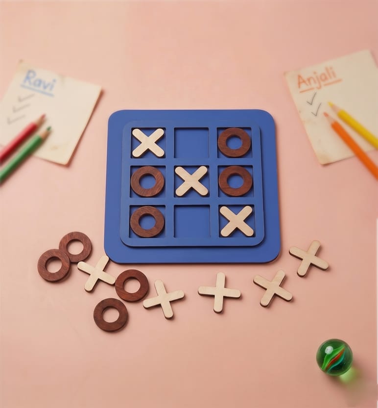 Handcrafted Wooden Tic Tac Toe (OX) Game – Small Size Travel Board