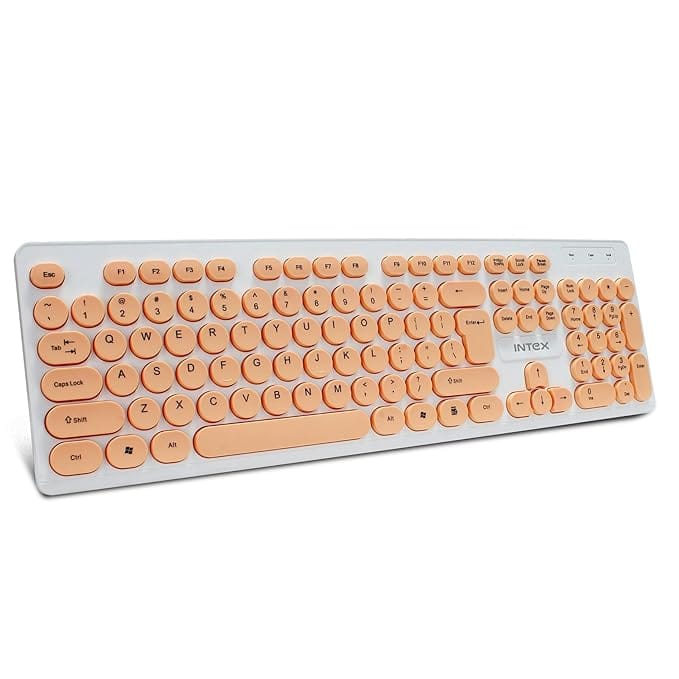 Intex Classy Wired Keyboard with 8 Million Keystrocks | Anti-Slip | Durable and Strong ABS Material | Retractable Stand | UV Coated Colour Keys | 1.45m Cable (White & Orange)
