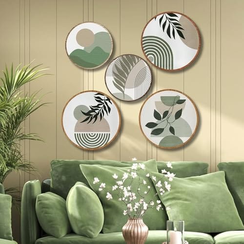 Nozvera Boho Minimalist Engineered Wood Wall Art Set of 5 Modern Abstract Round Prints with Green Botanical and