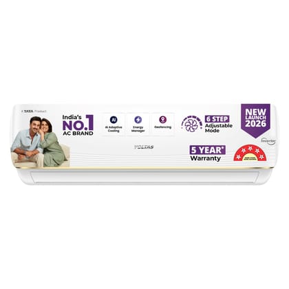 Voltas 1.5 ton 5 Star, New star rated, Inverter Split AC (Copper, Convertible 6-in-1 cooling modes, Ai Enabled, 4-way Swing, Sleep Mode, Auto Clean (185INV VERTIS AI ZEST GOLD, White) Voltas 1.5 ton 5 Star, New star rated, Inverter Split AC (Copper, Conv