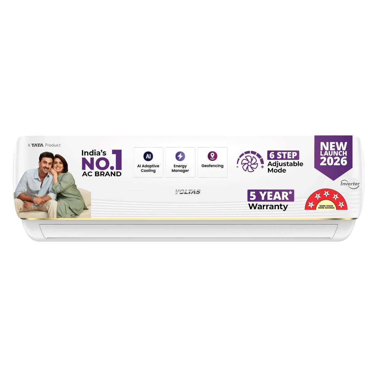 Voltas 1.5 ton 5 Star, New star rated, Inverter Split AC (Copper, Convertible 6-in-1 cooling modes, Ai Enabled, 4-way Swing, Sleep Mode, Auto Clean (185INV VERTIS AI ZEST GOLD, White) Voltas 1.5 ton 5 Star, New star rated, Inverter Split AC (Copper, Conv