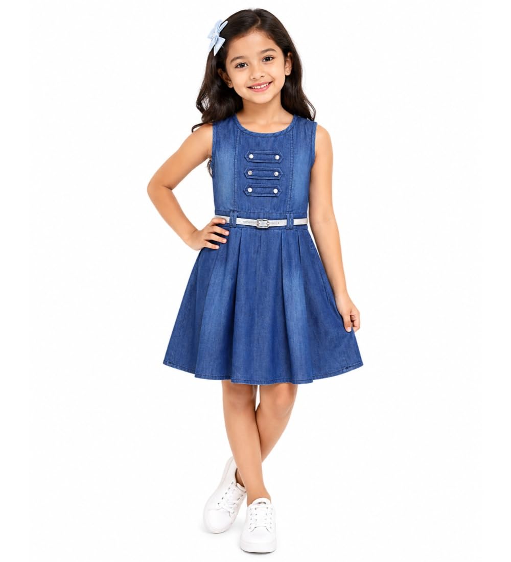 Girl's Denim Embellished Sleeveless Dress with Belt (Blue, 6-7-Yrs)-PID66010