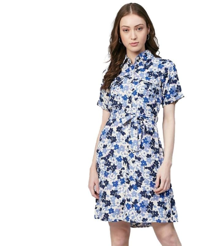 Women's Polyester Floral Short Sleeve Above Knee Dress (Blue - White, M)-PID55811