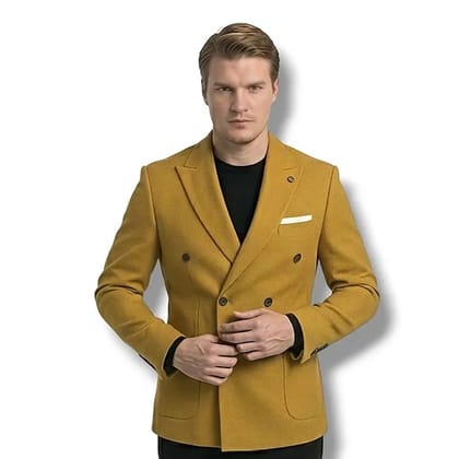Men's Double-Breasted Slim Fit Blazer, Mustard Yellow, Polyester Blend, Notch Lapel, Formal Style