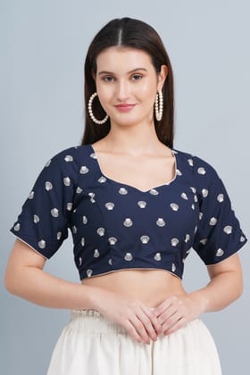 MRS RIGHT NAVY BLUE PRINTED COTTON BLOUSE WITH STYLISH BACK FOR WOMEN AND GIRLS MRS RIGHT NAVY BLUE PRINTED COTTON BLOUSE WITH STYLISH BACK FOR WOMEN AND GIRLS