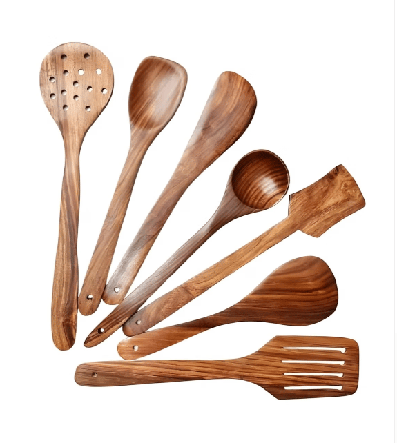 VillWin Wooden Serving & Cooking Spoon Set of 7, Handmade Wooden Spatula Set for Cooking, Non Stick Kitchen Tools, Turner, Ladle, Pasta & Frying Spoon, Natural Cookware