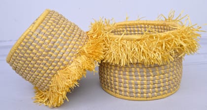 Handwoven Moonj Planter Basket Set with Decorative Fringe (Set of 2) Handwoven Moonj Planter Basket Set with Decorative Fringe (Set of 2)