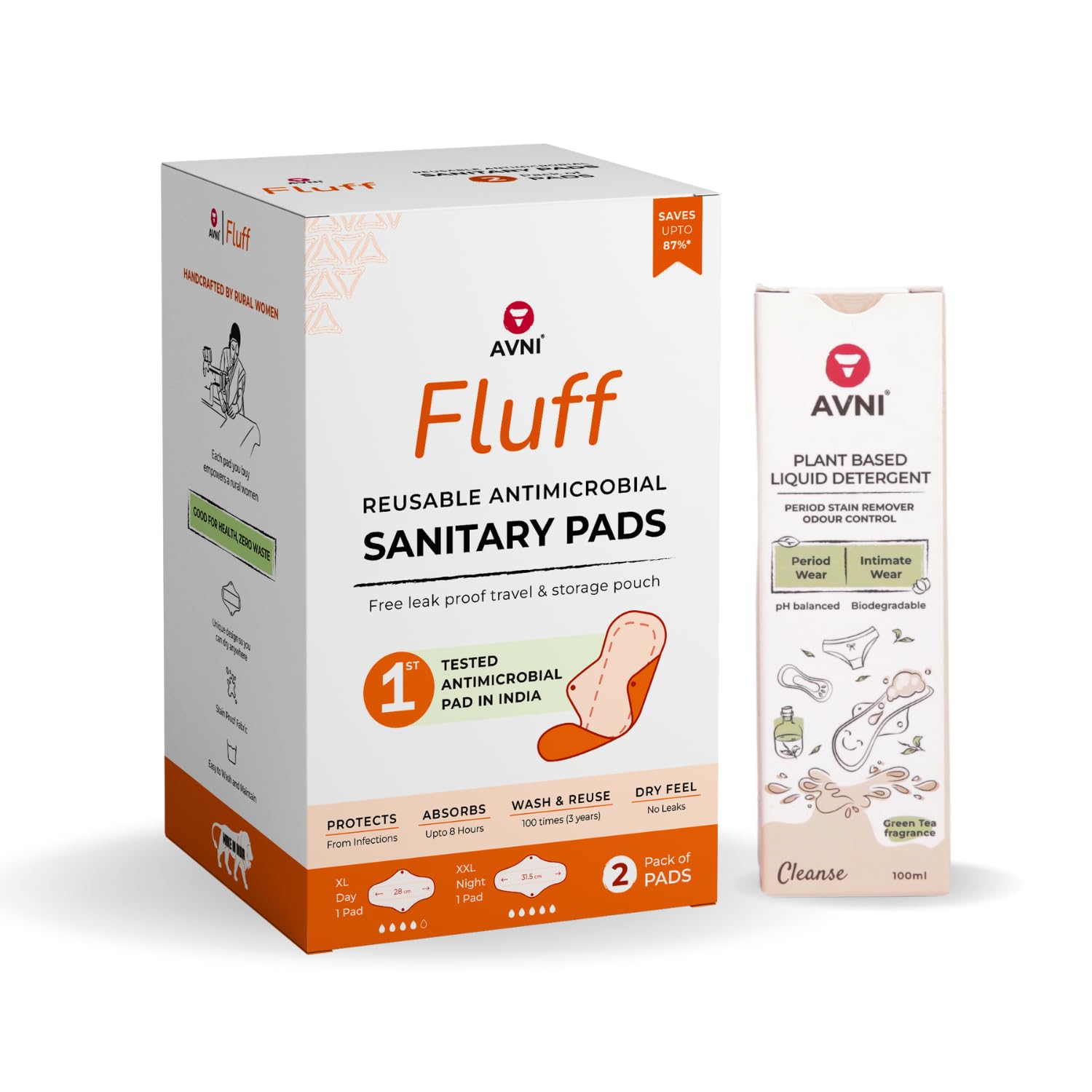 Avni Fluff Washable Cloth Pads, Pack of 2 + Avni Natural Cloth Pad wash - 100ml (Combo Pack of 3)