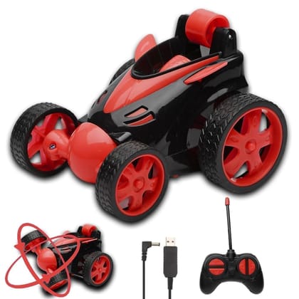 Rechargeable 360° Rotating & Rolling Small Stunt Car Toy with USB Cable & Remote Controller | Red Color, Power Source: Lithium Battery in Car (Included)