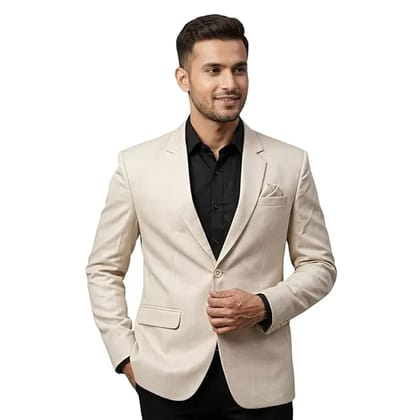 Men's Beige Slim Fit Blazer, Single-Breasted Two-Button, Notch Lapel, Micro Check Textured Woven, Polyester Viscose Men's Beige Slim Fit Blazer, Single-Breasted Two-Button, Notch Lapel, Micro Check Textured Woven, Polyester Viscose