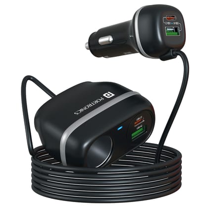 Portronics Car Power Trail 4 Ports Car Charger, Dual 30W Type-C PD, Dual 22.5W USB-A, Front & Back Seat Charging with Extra Cigarette Lighter Socket