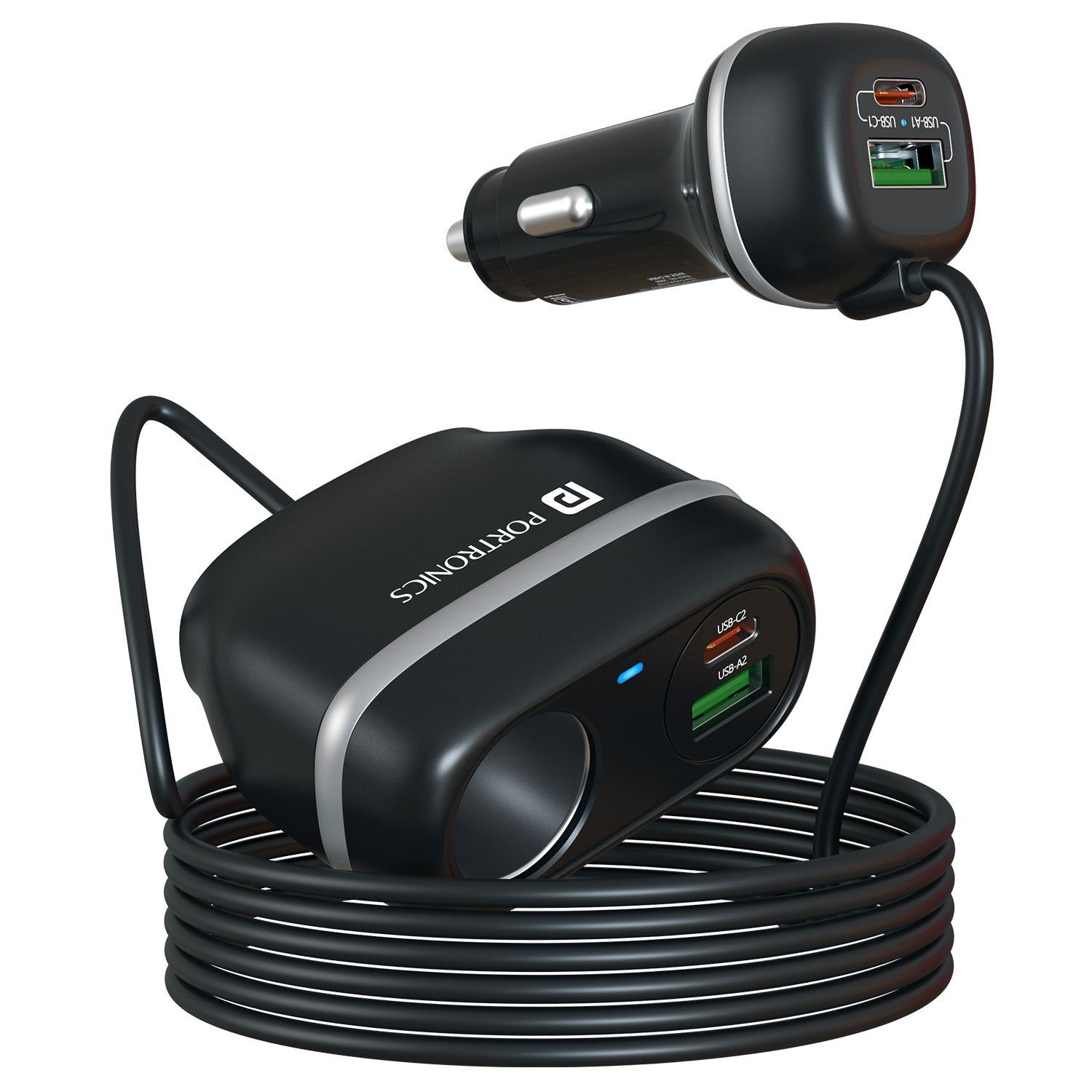 Portronics Car Power Trail 4 Ports Car Charger, Dual 30W Type-C PD, Dual 22.5W USB-A, Front & Back Seat Charging with Extra Cigarette Lighter Socket