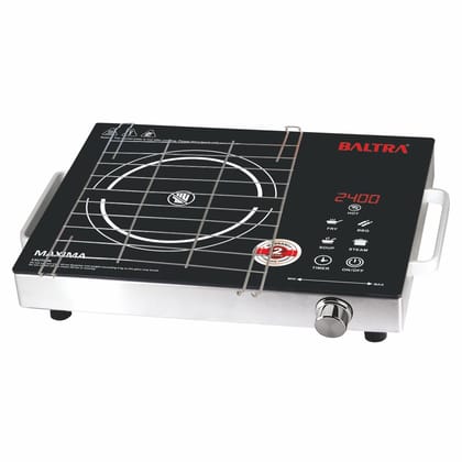 Baltra Maxima 2400 W Infrared Induction Cooktop with Free Stainless Steel Grill for barbecue | Auto Shut Off & Overheat Protection Multi Power Level Function, Digital Display (Black, Touch Control)