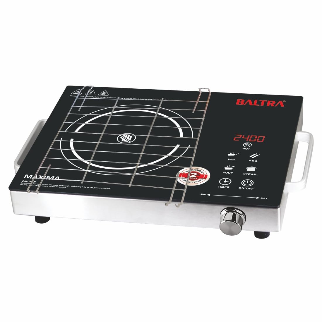 Baltra Maxima 2400 W Infrared Induction Cooktop with Free Stainless Steel Grill for barbecue | Auto Shut Off & Overheat Protection Multi Power Level Function, Digital Display (Black, Touch Control)