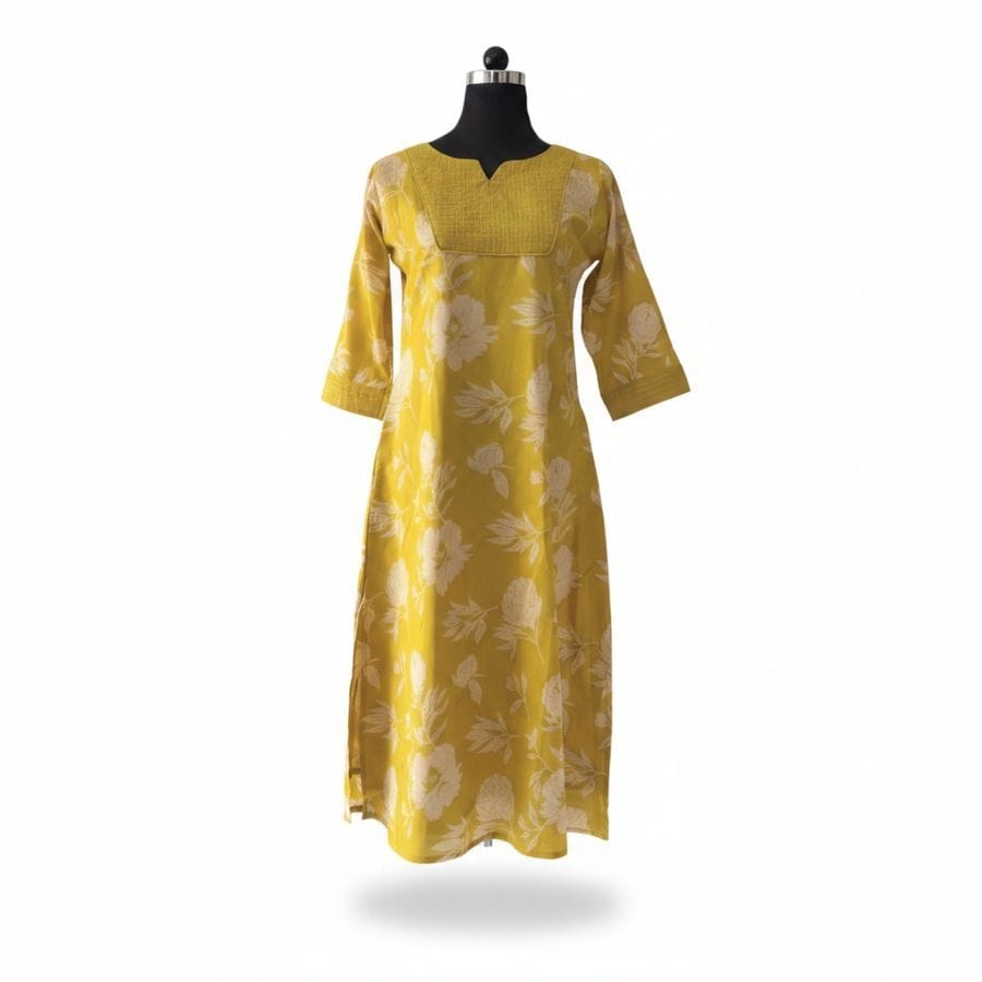 Yellow Floral Printed Cotton Kurti