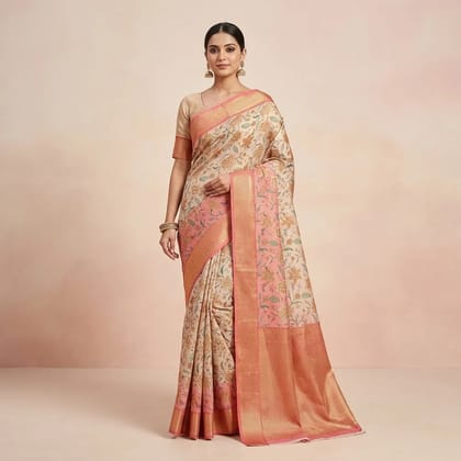Beige And Pink Cotton Floral Printed Saree For Women