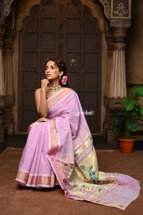 Parampara ~ Pure Cotton Paithani Saree with Exquisite Peacock Pallu in Soft Pink