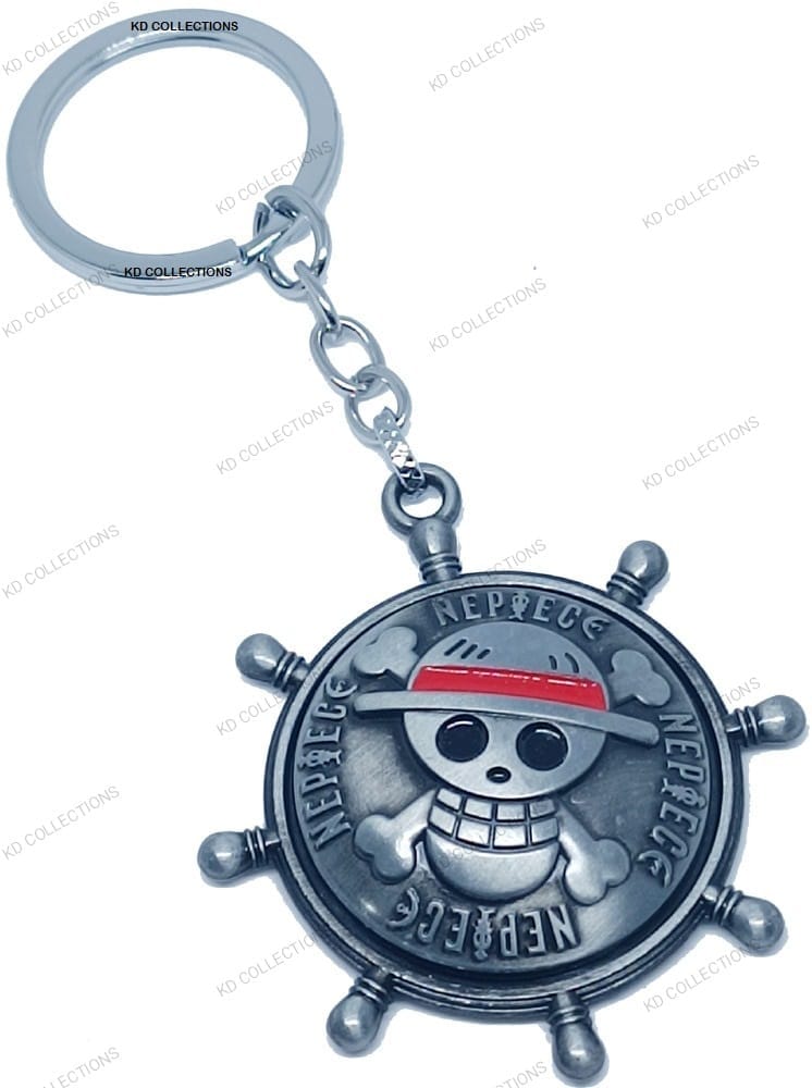 KD COLLECTIONS Anime Skull Ship Steering Wheel Revolving Rotating Keychain – Grey color – Pack of 1 Keychain