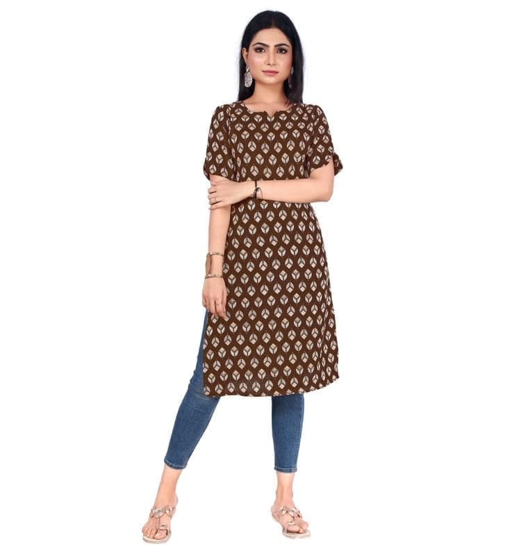 Women's Casual 3/4th Sleeve Printed Cotton Kurti (Brown, L)-PID46159