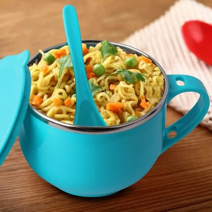 Stainless Steel Soup Bowl Maggi & Soup Bowl Plastic with Lid & Spoon Blue