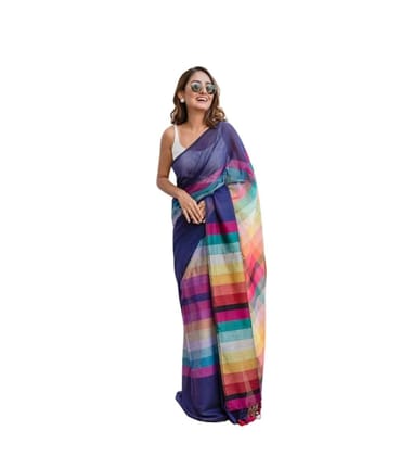 DARSHANS Women's Linen Printed Saree With Unstitched Blouse 5.5Mtr (Navy)-PID65179